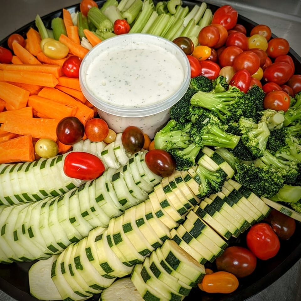 A colorful vegetable platter with carrots, celery, broccoli, zucchini, cherry tomatoes, and a ranch dip.
