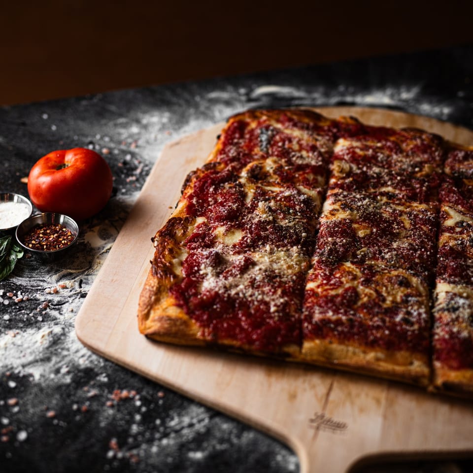A rectangular SliceWorks CT pizza with red sauce and cheese, on a wooden peel with a tomato and spices.