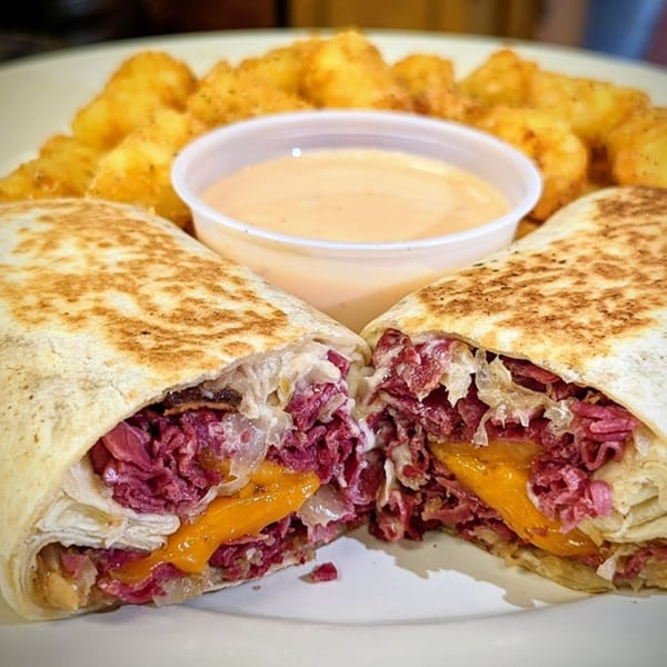 A sliced reuben wrap with corned beef, cheese, and sauerkraut, served with tater tots and dipping sauce.